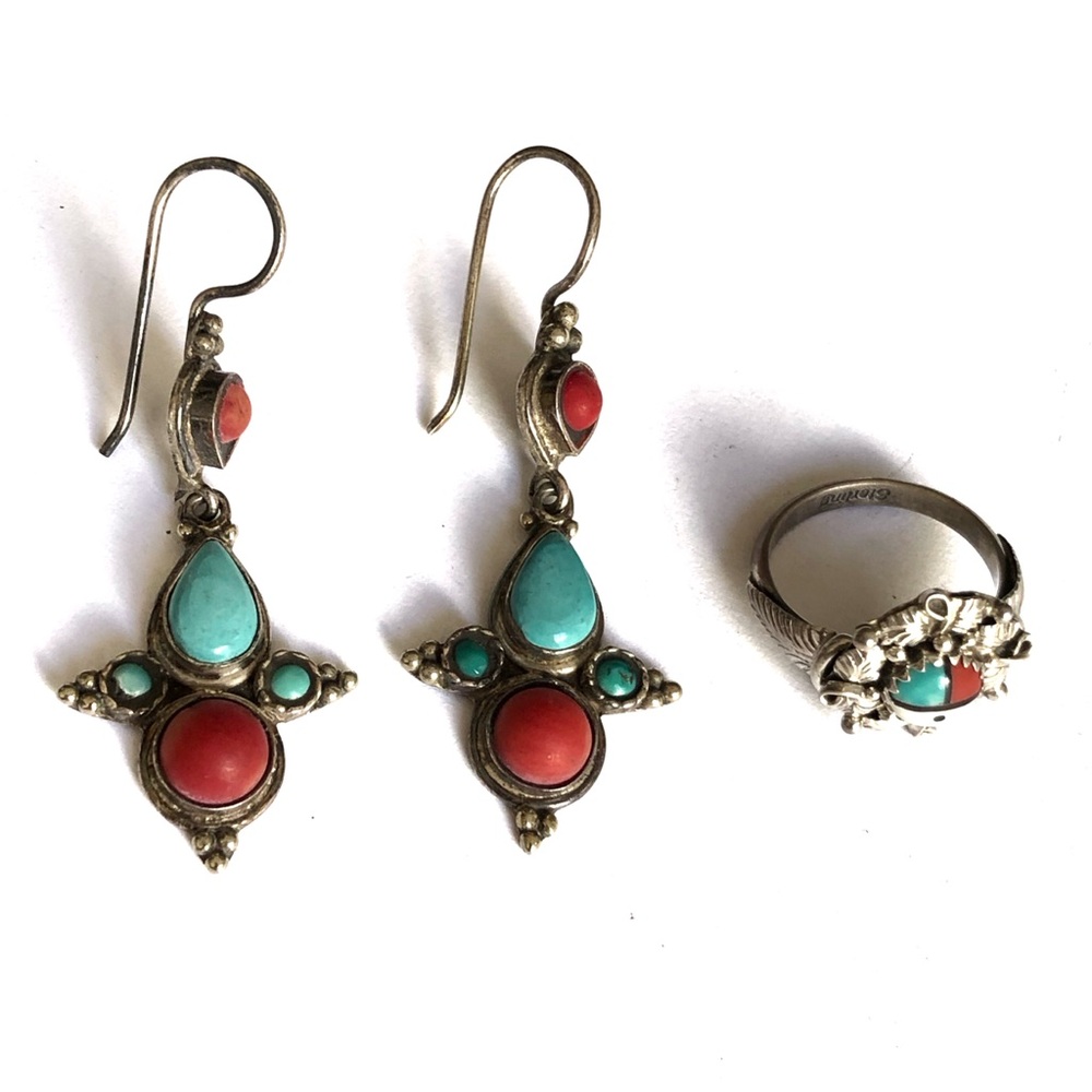 Vintage Sterling Silver Turquoise Ring & Coral & 925 Turquoise Earrings Set